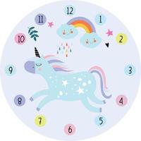 Vector illustration of clock design with unicorn background