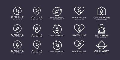 Set of cursor technology Logo design vector template Linear style. illustration circle, pin, food, love, home, bag, drop, combined with element hand cursor sign.