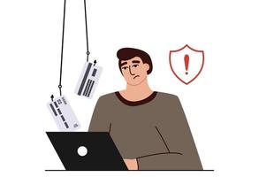 A frustrated and sad man looks into a computer in which a hacker and thief steals his card data and social networks. hack attack. internet phishing. A thief on a website online on the internet vector