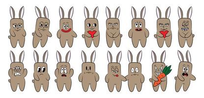 Collection of retro characters hares hippie stickers comic style. set of cartoon rabbits with different cheerful emotions. Funny character mascot sticker. vector illustration