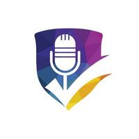 Check podcast vector logo design template. Microphone and tick icon design.
