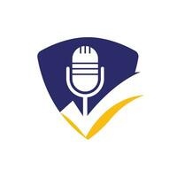 Check podcast vector logo design template. Microphone and tick icon design.