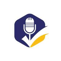 Check podcast vector logo design template. Microphone and tick icon design.