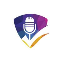 Check podcast vector logo design template. Microphone and tick icon design.