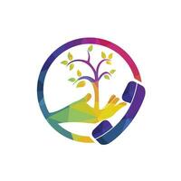 Nature call vector logo design. Handset and hand tree icon design template.