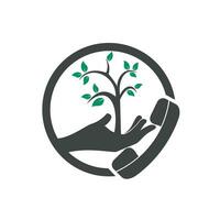 Nature call vector logo design. Handset and hand tree icon design template.