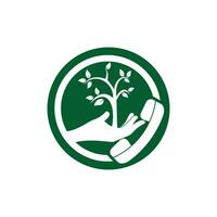 Nature call vector logo design. Handset and hand tree icon design template.