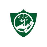 diseño de logotipo de vector de llamada de naturaleza. plantilla de diseño de icono de árbol de mano y auricular.