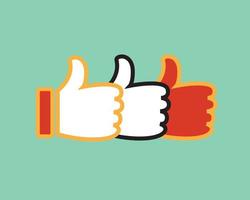 Concept vector graphic- social media like hand icons  set used in sites like facebook. The illustration shows three thumbs up signs in orange, red and black colors