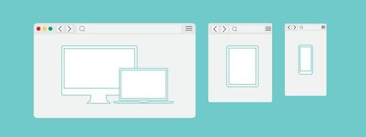 Set of Flat blank browser windows for different devices. Vector. Computer, phone sizes. Device Icons smart phone and desktop computer. Vector illustration of responsive web design.