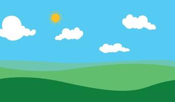 Flat design illustration of summer mountain landscape with green grassy hill under a clear blue sky with white clouds and shining sun vector