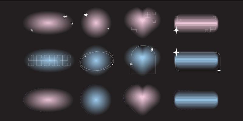 Y2k gradient heart shape aura element in vector. Abstract soft aesthetic graphic set with line and retro figure on black background. Brutalism circle planet with arc of mesh blend daisy collection