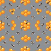 seamless pattern with bees and honeycombs on a gray background vector