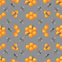 seamless pattern with bees and honeycombs on a gray background vector