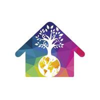 Globe tree with home vector logo design template. Planet and eco symbol or icon.