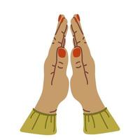 Hands folded in namaste prayer isolated on white. Female hands pray show hope and religion. Indian or yoga gesture fingers. Flat cartoon vector illustration