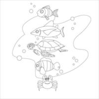 set of marine and ocean animals and fish in black and white isolated on the white background vector