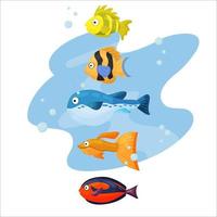 multicolored set of marine and ocean animals and fish under water vector