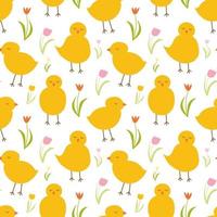 Cute chicken seamless pattern. Easter yellow chickens on white background. Cartoon pattern in yellow colors. Wrapping paper, Easter decor, invitations. textile. vector