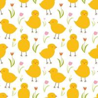 Cute chicken seamless pattern. Easter yellow chickens on white background. Cartoon pattern in yellow colors. Wrapping paper, Easter decor, invitations. textile. vector