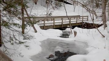 Wooden bridge across Wagner creek covered with snow in Michigan upper peninsula near Munising video