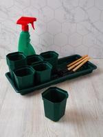 Miniature garden tools for transplanting plants, home hobby photo