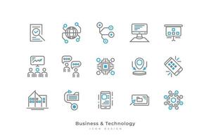 Set of Business and Technology Icons with Simple Line Style. Contains Computer, Data, Connection, Community, Microchip, Smartphone, Configuration and More vector