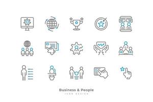 Set of Business and People Icons with Simple Line Style. Contains Computer, Cup, Goal, Human Resources, Business People, Structure and More vector