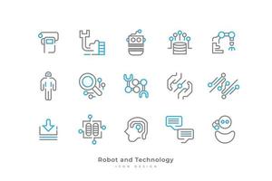 Set of Robot and Technology Icons with Simple Line Style. Contains Robot, Connection, Data, Network, Artificial Intelligence and More vector