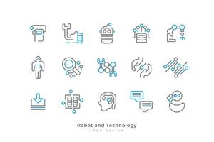 Set of Robot and Technology Icons with Simple Line Style. Contains Robot, Connection, Data, Network, Artificial Intelligence and More vector