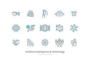 Set of Artificial Intelligence and Technology Icons with Simple Line Style. Contains Computer, Connection, Network, Data, Circuit Board and More vector