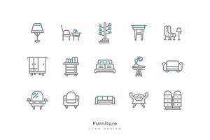 Set of Furniture Icons with Simple Line Style. Contains Lamp, Chair, Table, Cupboard, Wardrobe, Bookshelf, Bed, Mirror and More vector