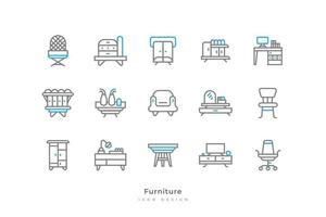 Set of Furniture Icons with Simple Line Style. Contains Lamp, Chair, Table, Cupboard, Wardrobe, Bookshelf, Bed, Mirror and More vector