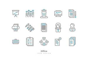 Set of Office Icons with Simple Line Style. Contains Stationery, Document, Computer, Printer, Man, Women, Briefcase and More vector