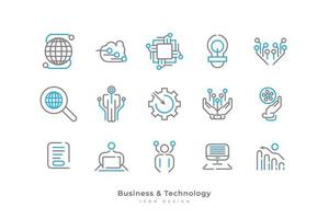 Set of Business and Technology Icons with Simple Line Style. Contains Computer, Connection, Cloud Data, Microchip and More vector