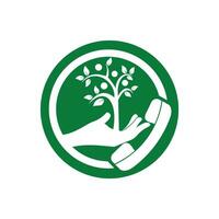 Nature call vector logo design. Handset and hand tree icon design template.