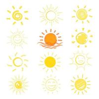 sun icons hand drawn collection isolated on white background. summer time concept. vector illustration