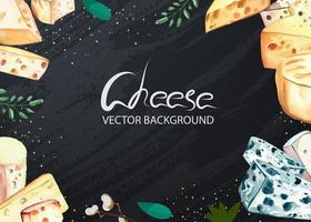 Delicious cheese background with products of different sorts mushrooms and vegetables on chalkboard vector illustration.