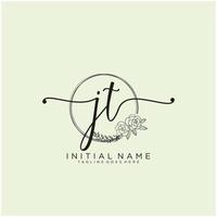 Initial JT feminine logo collections template. handwriting logo of initial signature, wedding, fashion, jewerly, boutique, floral and botanical with creative template for any company or business. vector