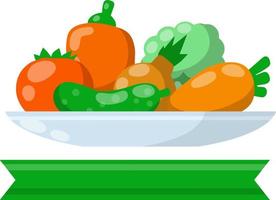 Salad of vegetables on plate - healthy vegetarian lunch. Diet for weight loss with blank text tape - Cartoon flat illustration. Mixture of onion, tomato, carrot, pepper, broccoli and cucumber vector