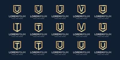 set of letter U T V monogram and shield sign combination. Line art logo design. Symbolizes reliability, safety, power, security.  luxury logotype.