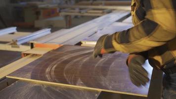 carpintero Maestro es corte madera en el carpintería taller. un Maestro carpintero es laboral, corte polvoriento bosque a tamaño. video
