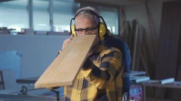 carpinteros trabajando en un carpintería taller. adulto carpintero hombre examina el tablero y en el antecedentes el carpintero es corte madera. video