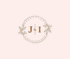 initial JI letters Beautiful floral feminine editable premade monoline logo suitable for spa salon skin hair beauty boutique and cosmetic company. vector