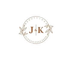 initial JK letters Beautiful floral feminine editable premade monoline logo suitable for spa salon skin hair beauty boutique and cosmetic company. vector