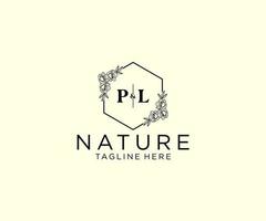 initial PL letters Botanical feminine logo template floral, editable premade monoline logo suitable, Luxury feminine wedding branding, corporate. vector