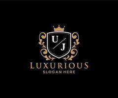 Initial UJ Letter Royal Luxury Logo template in vector art for Restaurant, Royalty, Boutique, Cafe, Hotel, Heraldic, Jewelry, Fashion and other vector illustration.