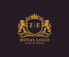 Initial ZE Letter Lion Royal Luxury Logo template in vector art for Restaurant, Royalty, Boutique, Cafe, Hotel, Heraldic, Jewelry, Fashion and other vector illustration.