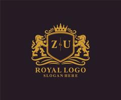 Initial ZU Letter Lion Royal Luxury Logo template in vector art for Restaurant, Royalty, Boutique, Cafe, Hotel, Heraldic, Jewelry, Fashion and other vector illustration.