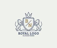 Initial BN Letter Lion Royal Luxury Logo template in vector art for Restaurant, Royalty, Boutique, Cafe, Hotel, Heraldic, Jewelry, Fashion and other vector illustration.